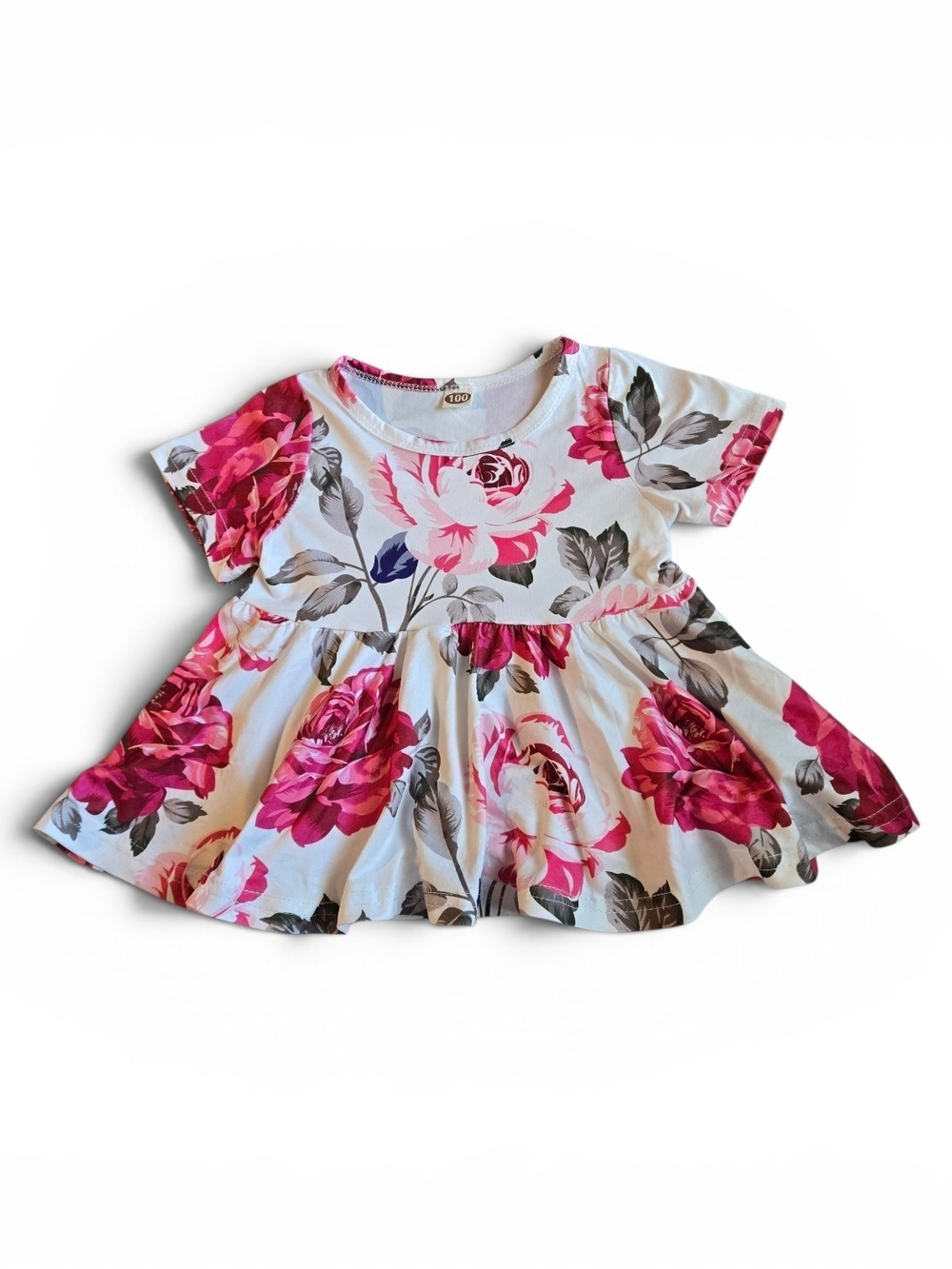 Shenzhen Garment LTD Toddler 3T (Sz 100) Floral Shirt Dress in White Rose Gray